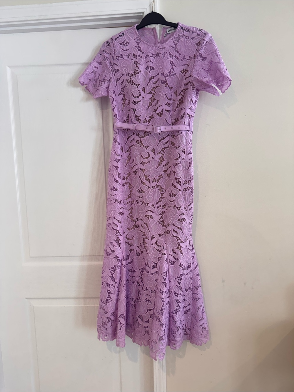 Self-Portrait Lilac Floral Lace Midi Dress with Belt